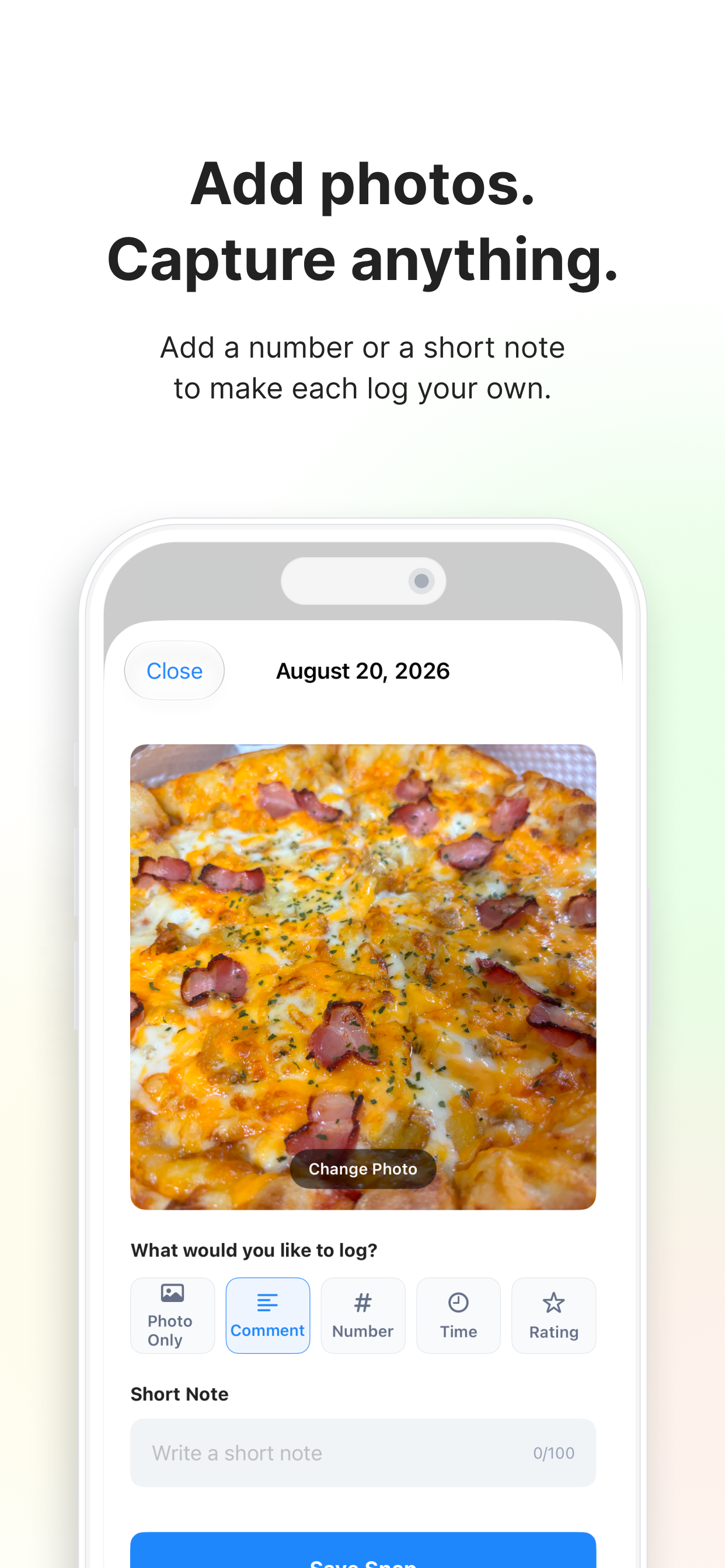 Official iOS App Store preview showing SnapLog photo logging